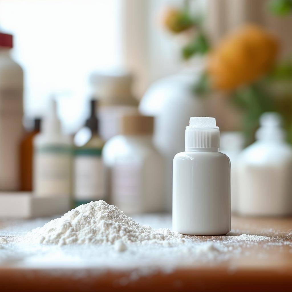 Baby powder bottle sitting on a dresser next to a small pile of talc and near other cosmetic items blurred in background