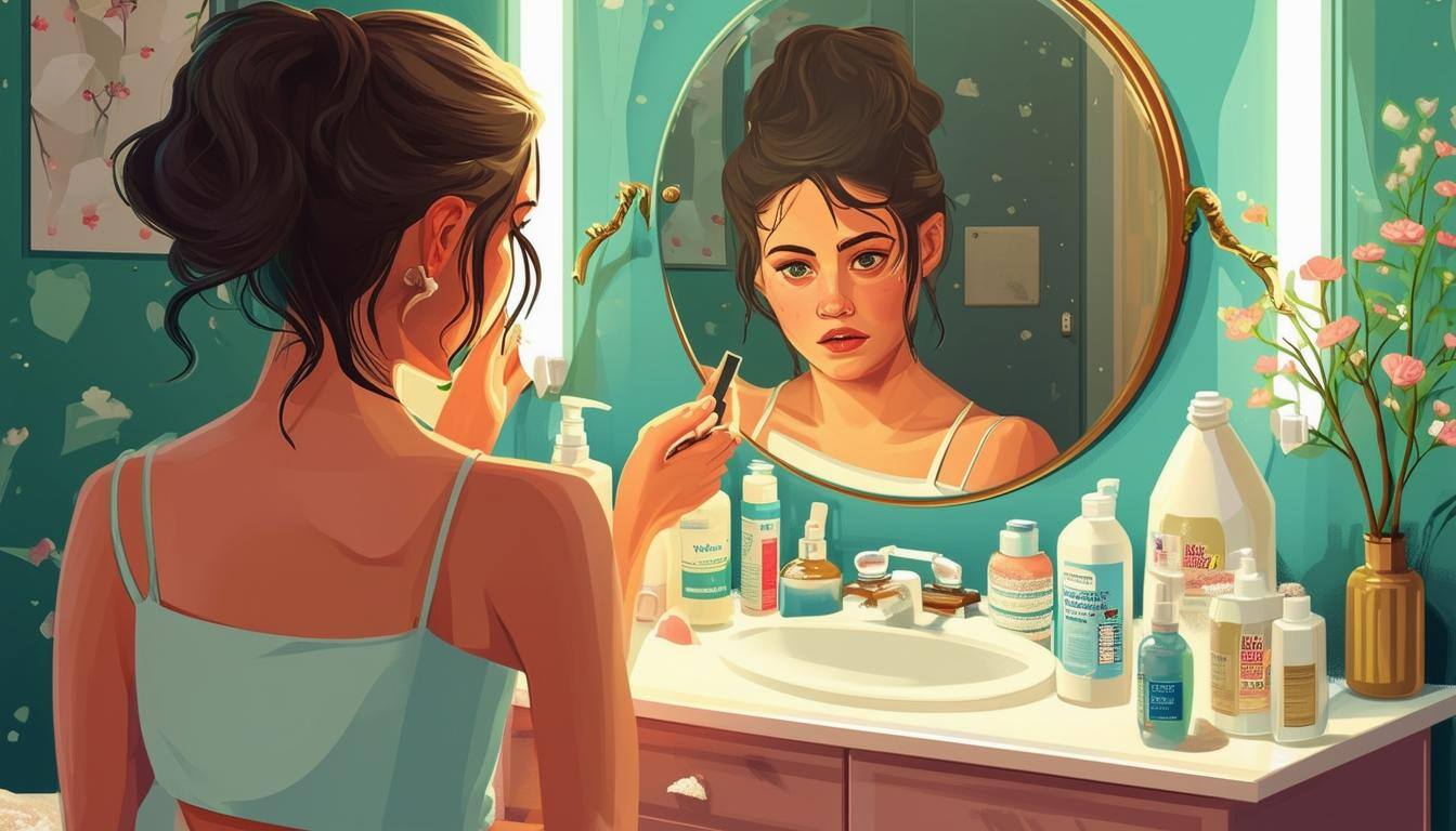 Woman getting ready at a vanity with beauty products including talcum powder