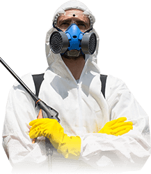 A man in a hazardous materials suit and respirator