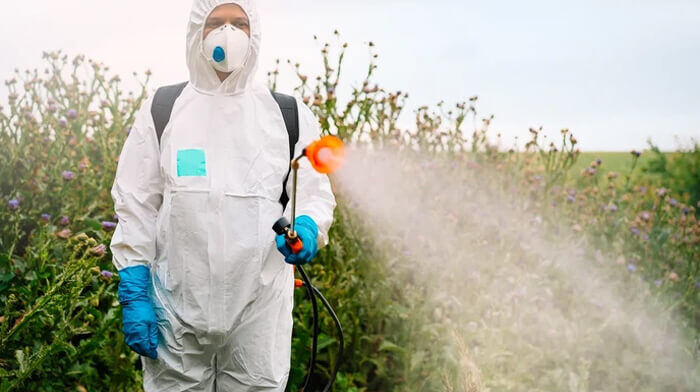 A man in a hazardous materisla suit sprays Roundup on vegetation